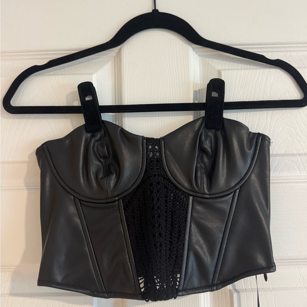 NWT Zara Black Faux Leather Strapless Bustier Top